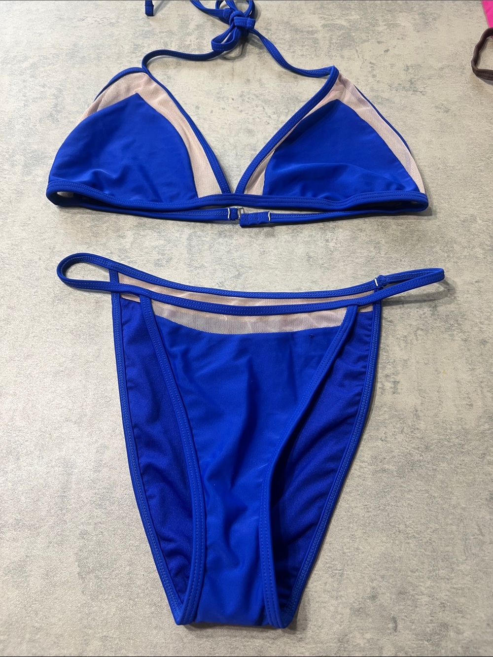 Forever 21 Cobalt Blue Triangle Bikini with Nude Mesh Trim
